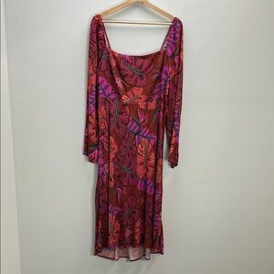 Farm Rio Red Delicate Leaves Midi Dress Womens Large Long Sleeve Resort